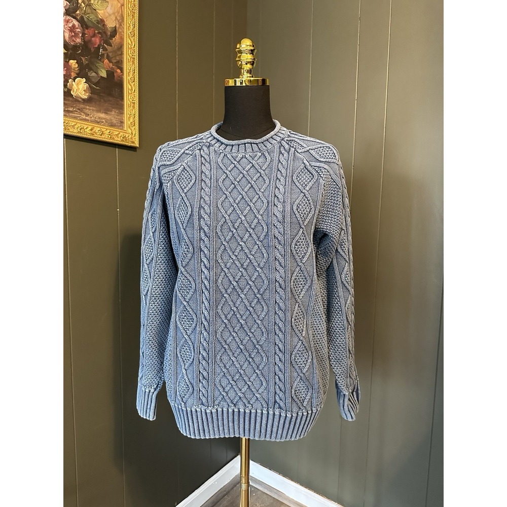 L L Bean Signature Blue Knit Sweater L Large Cotton‎ Linen Blend